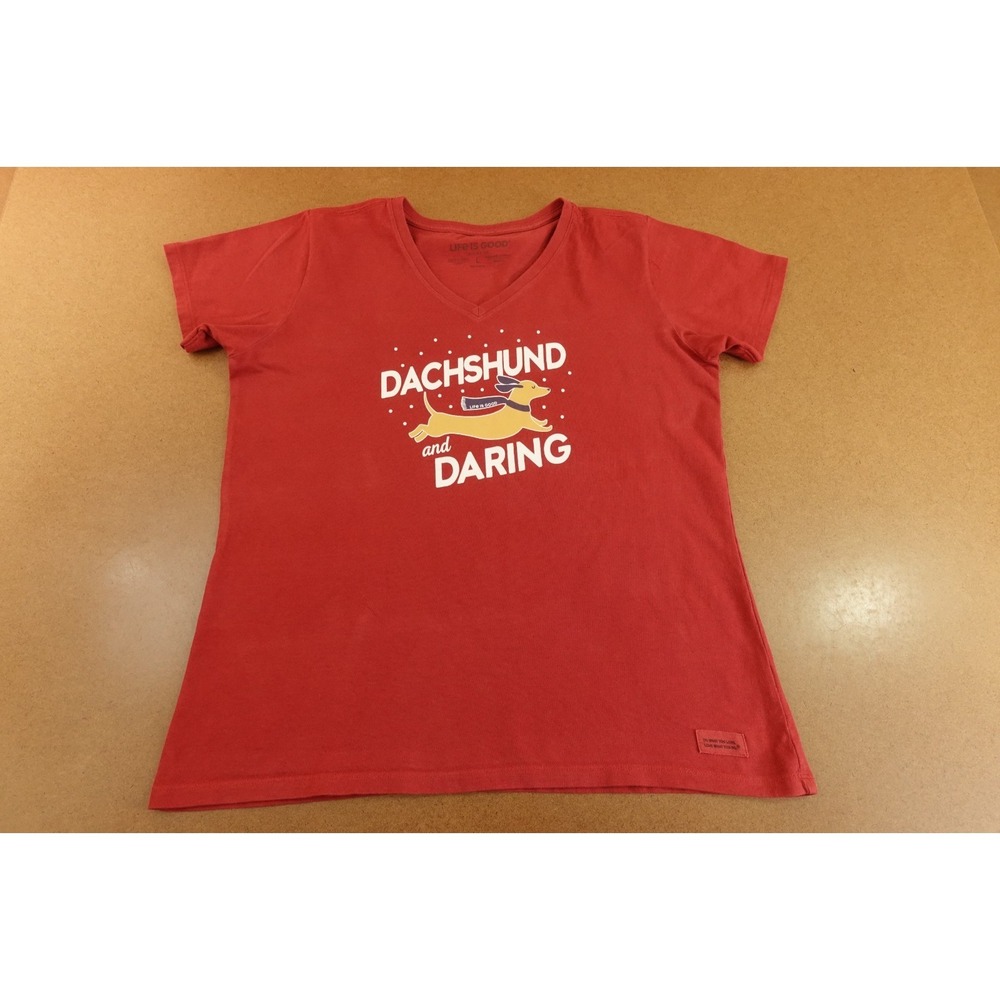 Life is Good Womens Size Large Red Dachshund & Daring Graphic V Neck Crusher Tee